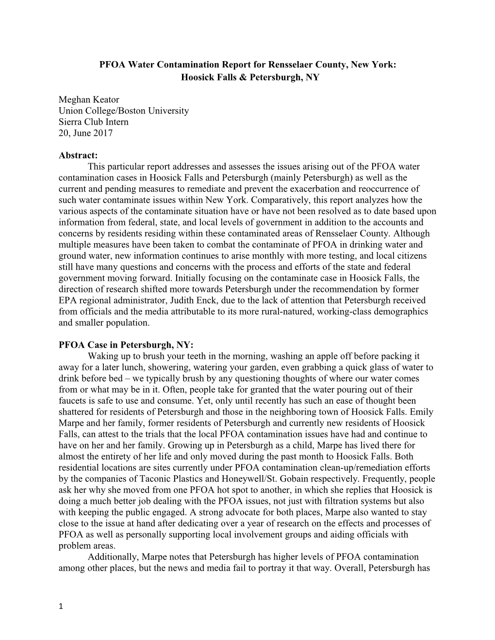 PFOA Water Contamination Report for Rensselaer County, New York