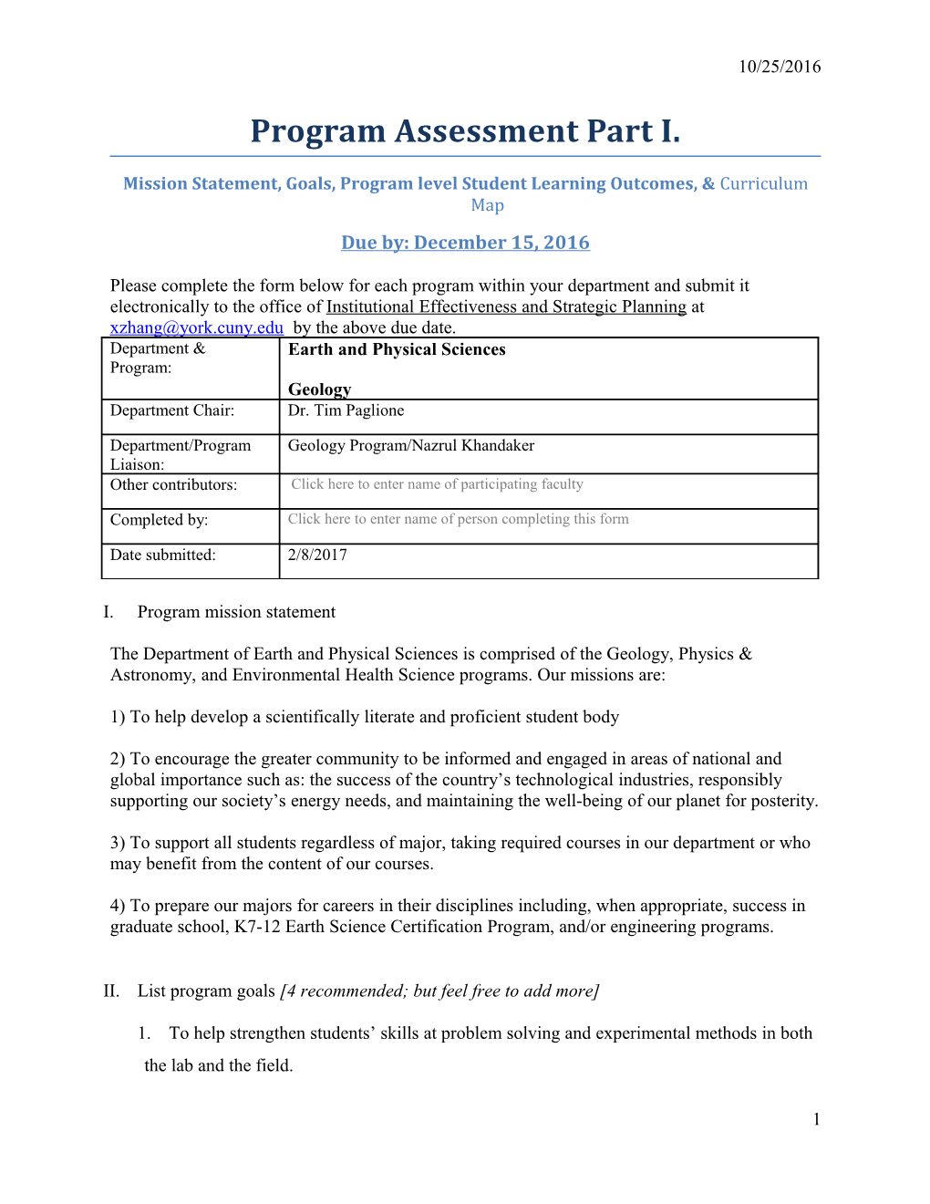 Mission Statement, Goals, Program Level Student Learning Outcomes, & Curriculum Map