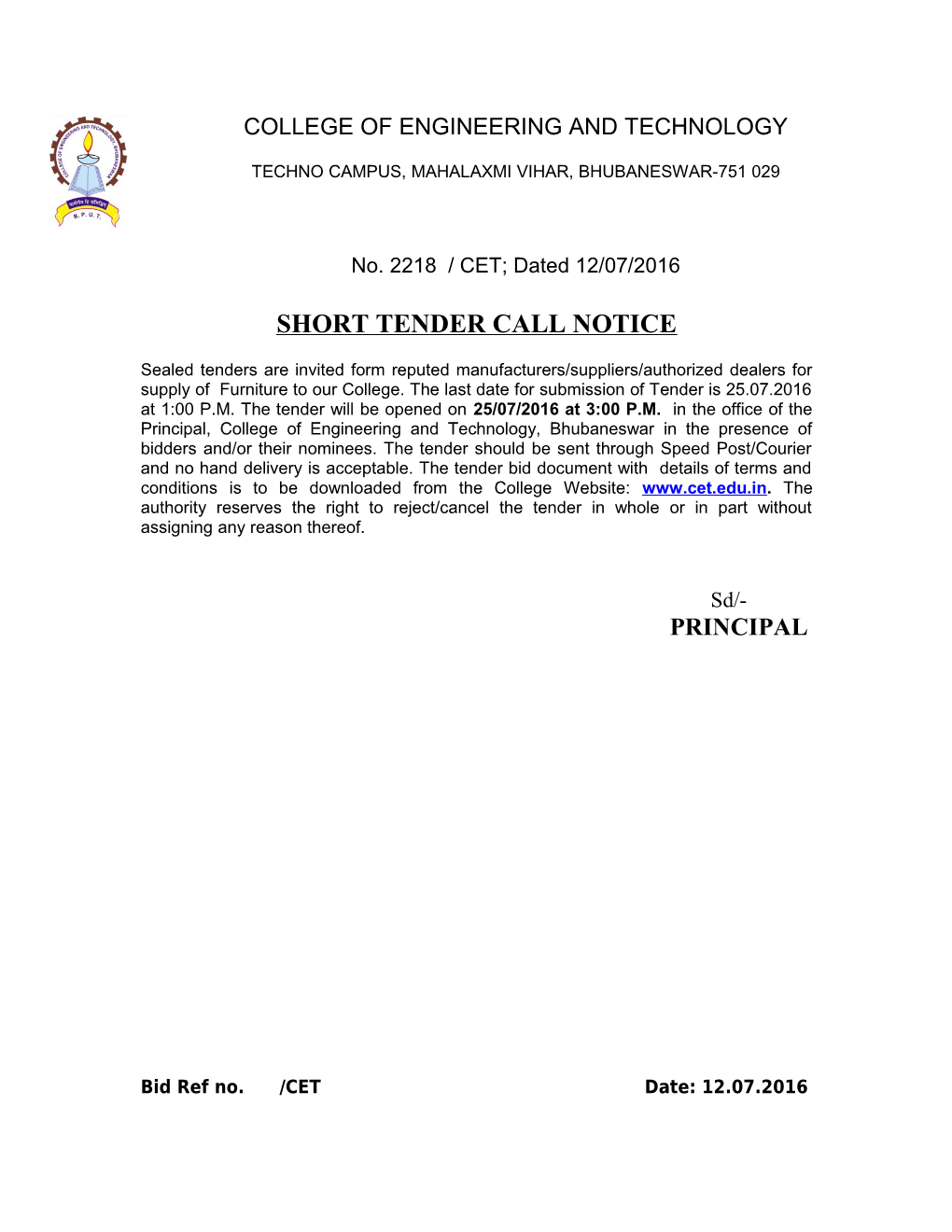 Short Tender Call Notice