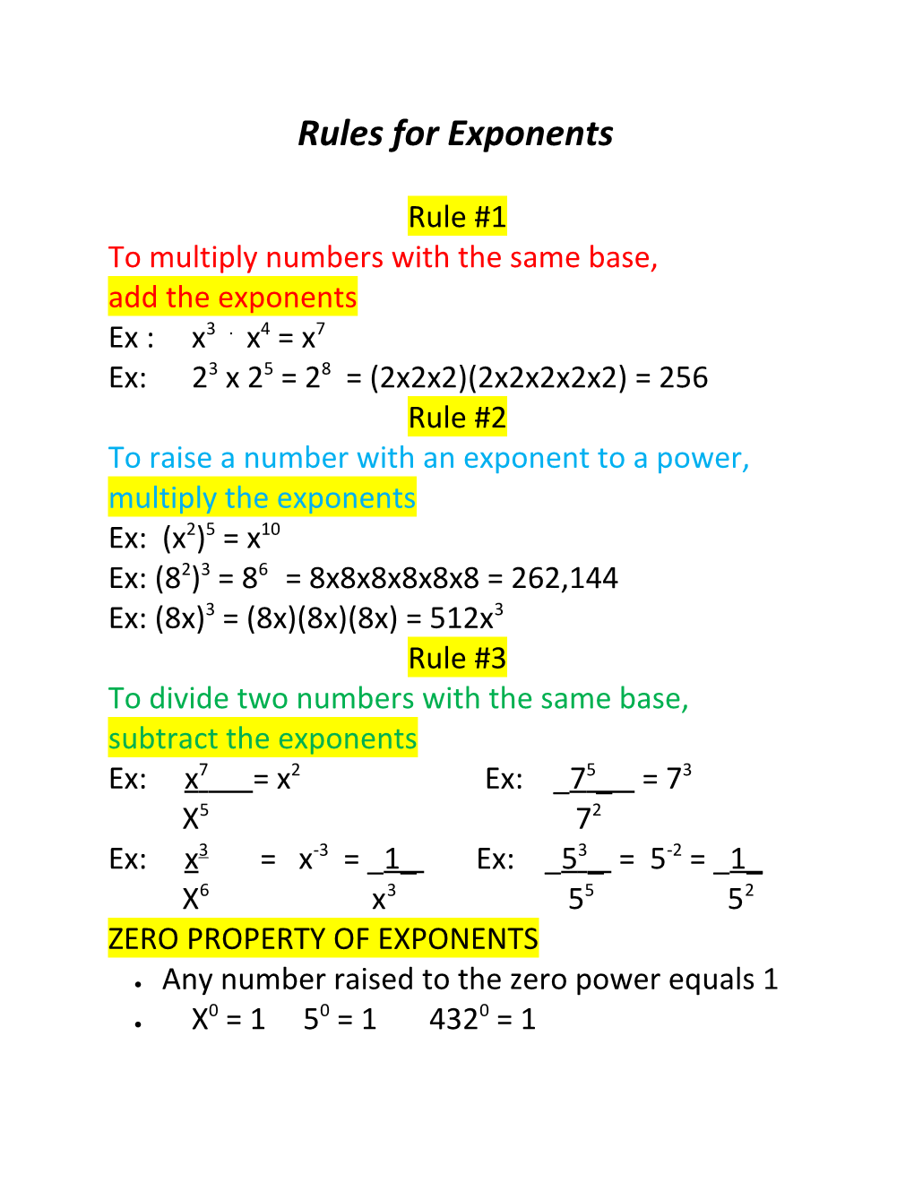 Rules for Exponents