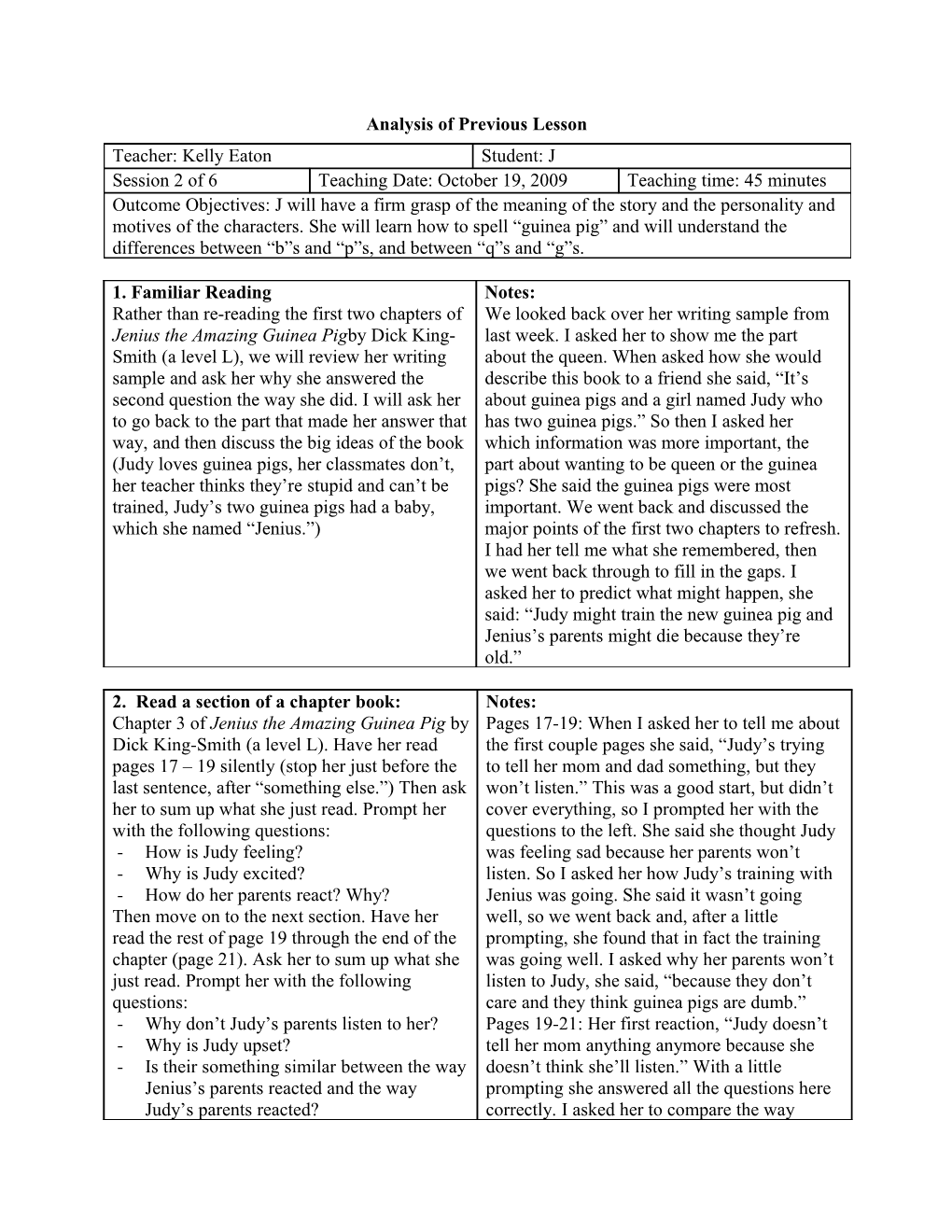 Analysis of Previous Lesson s1