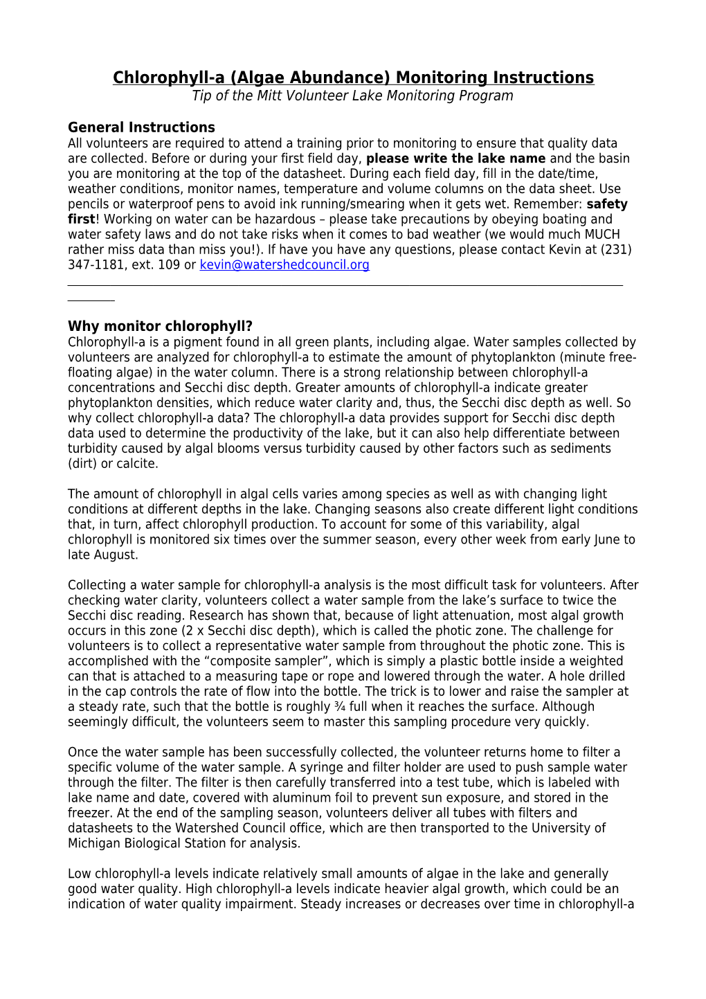 Chlorophyll-A (Algae Abundance) Monitoring Instructions