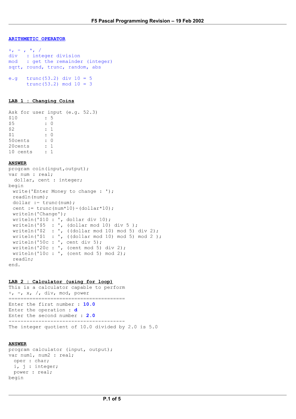 F5 Pascal Programming Revision 19 Feb 2002