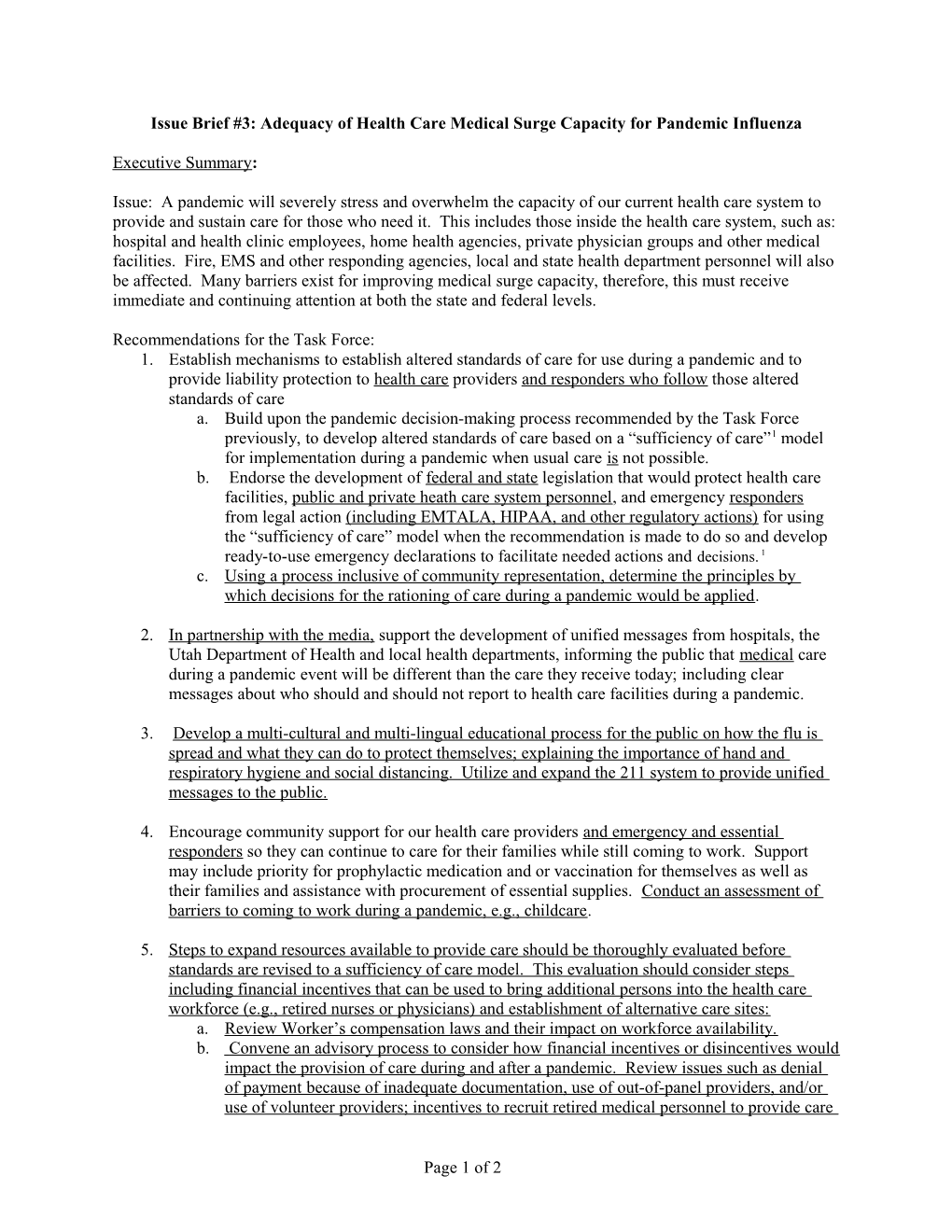 Issue Brief #3: Adequacy of Health Care Medical Surge Capacity for Pandemic Influenza