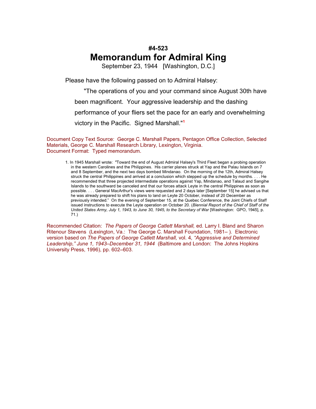 Memorandum for Admiral King