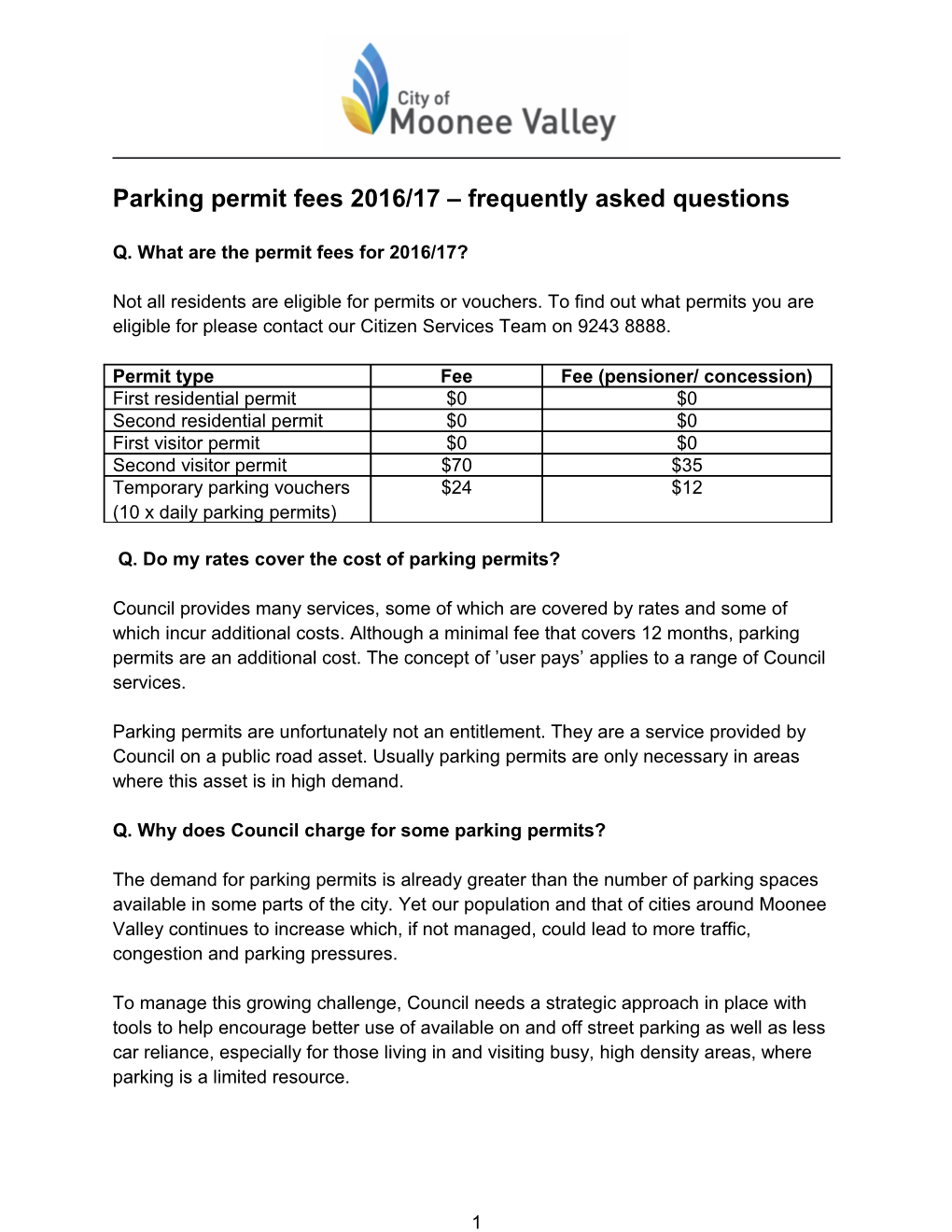 Parking Permit Fees 2016/17 Frequently Asked Questions