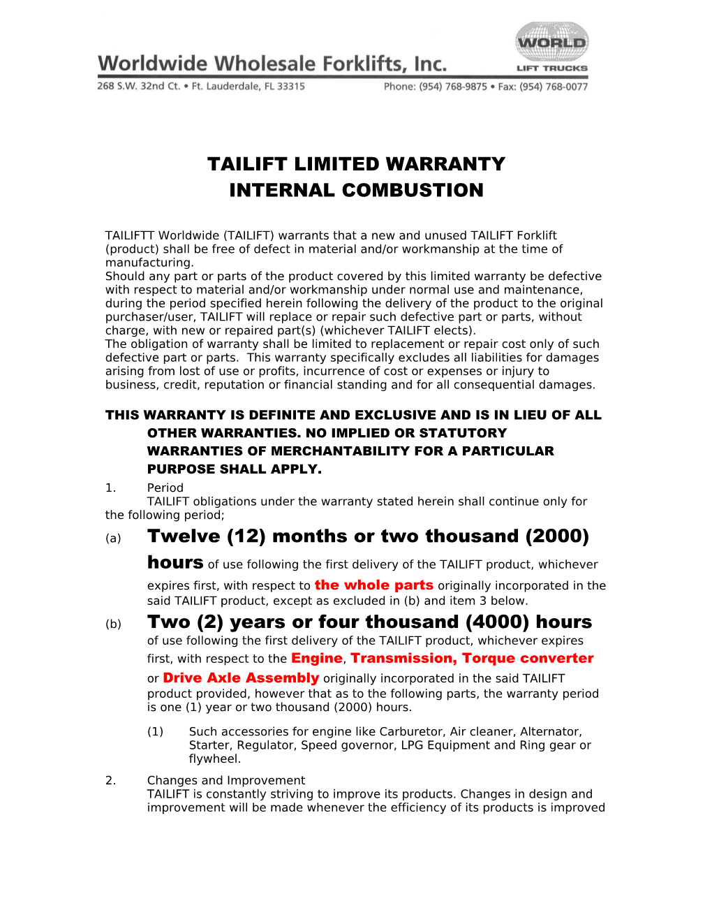 Tailift Limited Warranty