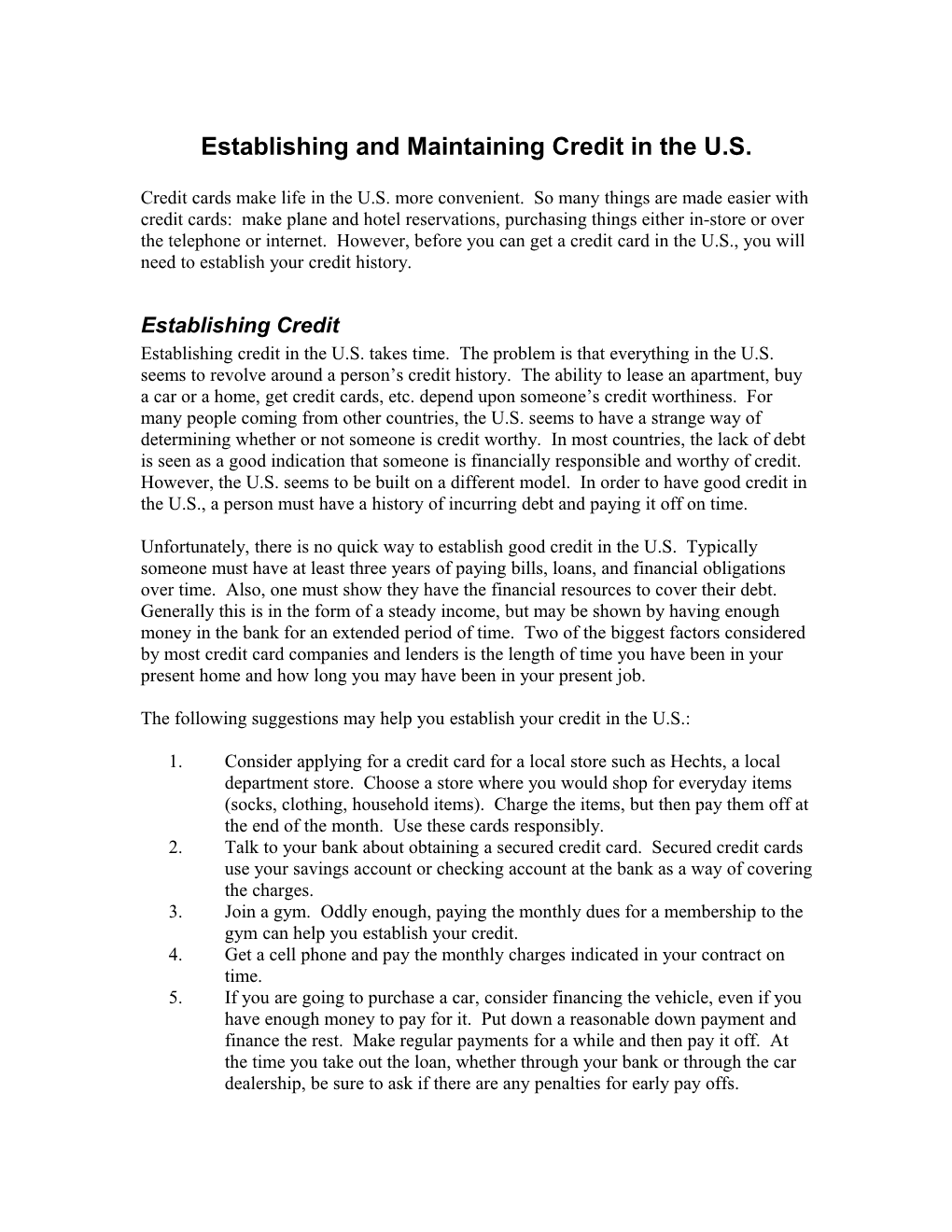 Establishing and Maintaining Credit in the U