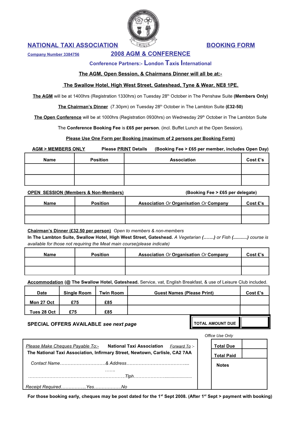 BOOKING FORM - NATIONAL TAXI ASSOCIATION - Conference 2004 (