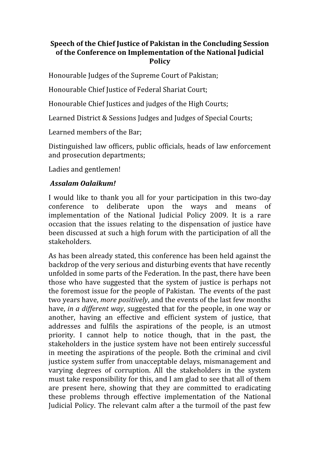 Speech of the Chief Justice of Pakistan in the Concluding Session of National Judicial Policy