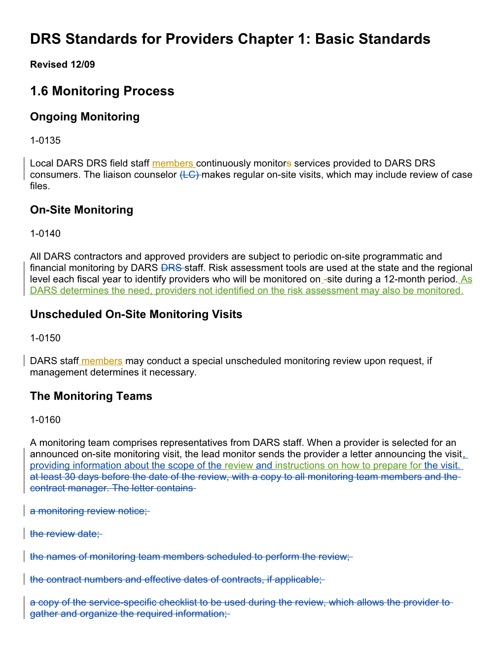 DRS Standards for Providers Chapter 1 Revisions - December 2009