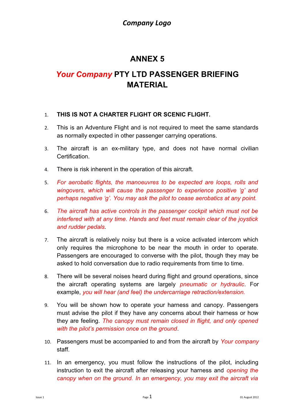 Your Company PTY LTD PASSENGER BRIEFING MATERIAL
