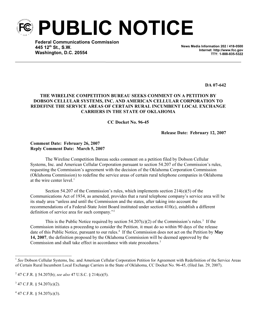 The Wireline Competition Bureau Seeks Comment on a Petition by Dobson Cellular Systems