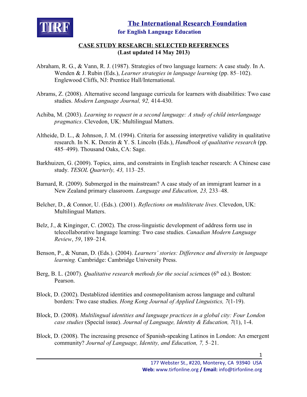 Case Study Research: Selected References