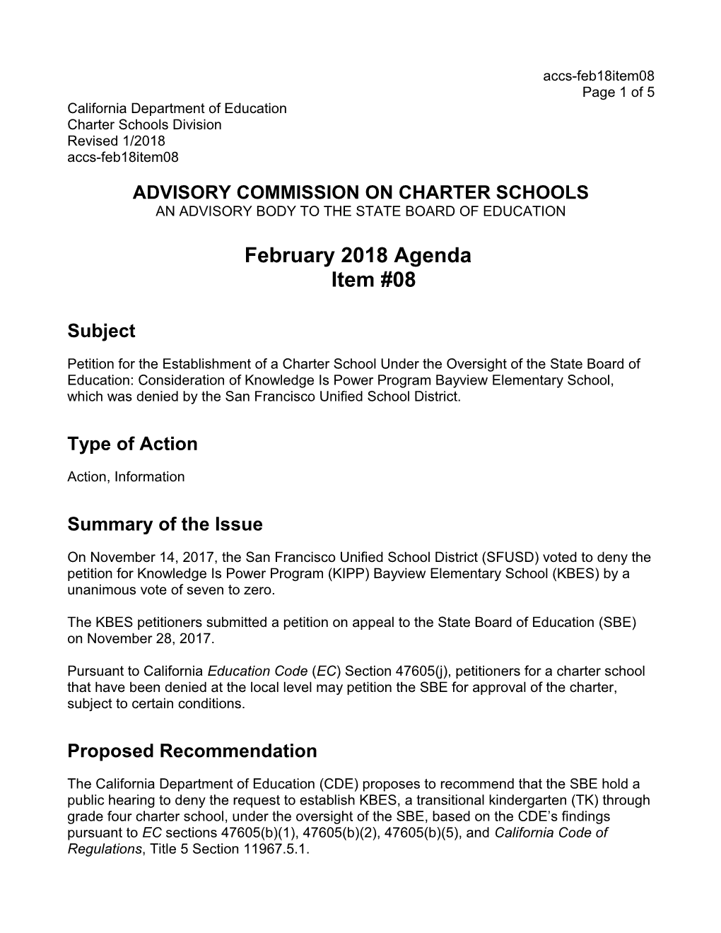 February 2018 ACCS Agenda Item 08 - Advisory Commission on Charter Schools (CA State Board