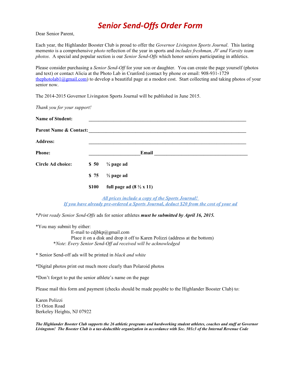 Senior Send-Offs Order Form