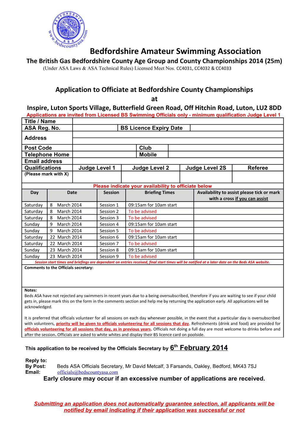 Application to Officiate at Bedfordshire County Championships