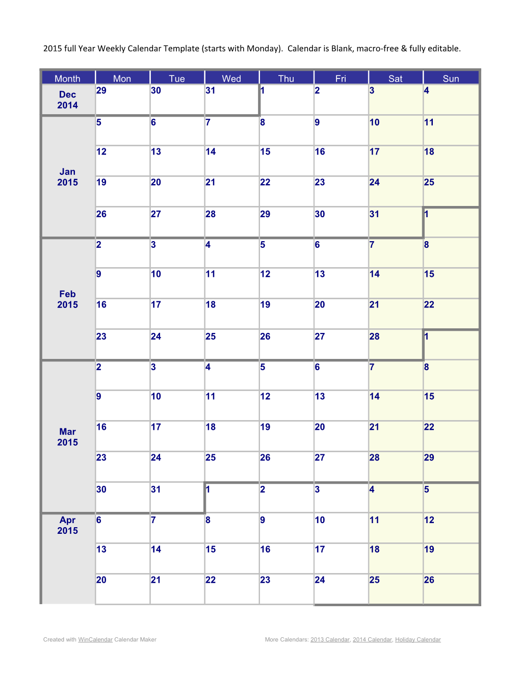 Monday Starting Weekly Calendar for 2015