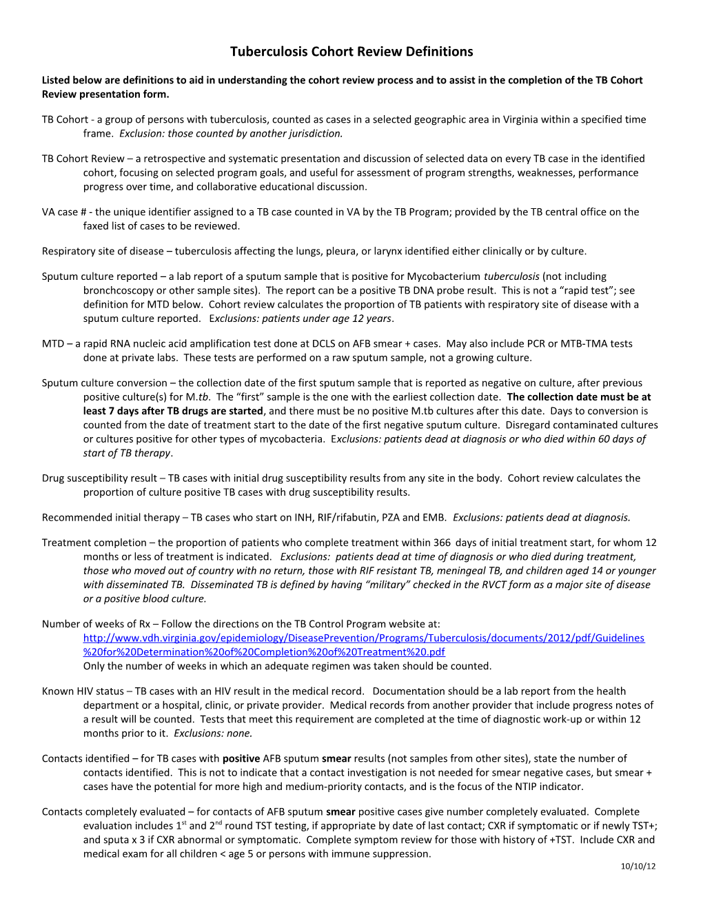 Tuberculosis Cohort Review Definitions