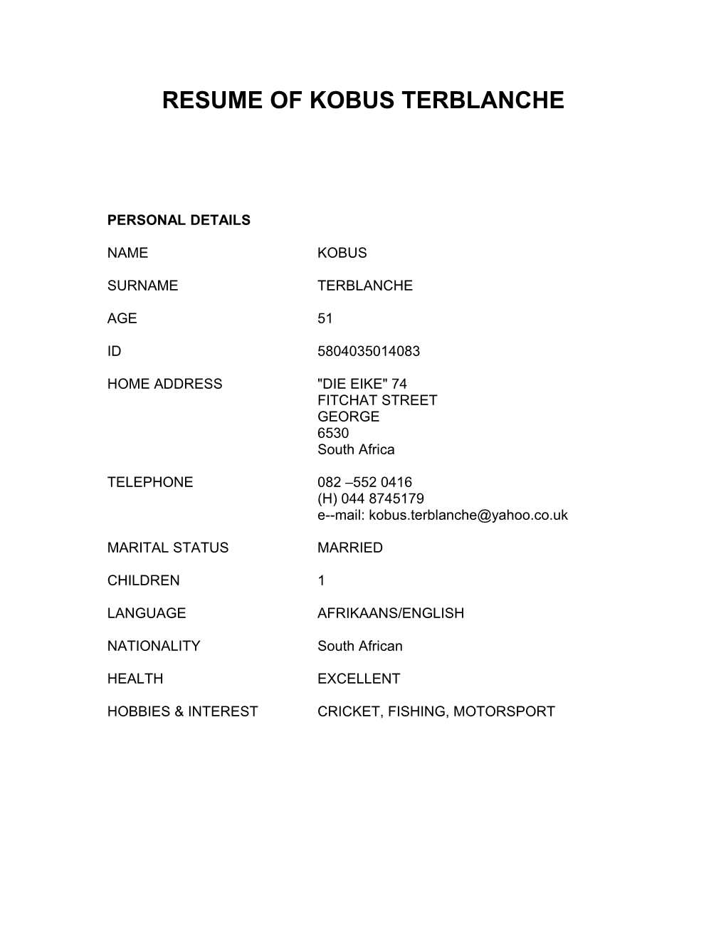 Resume of Kobus Terblanche