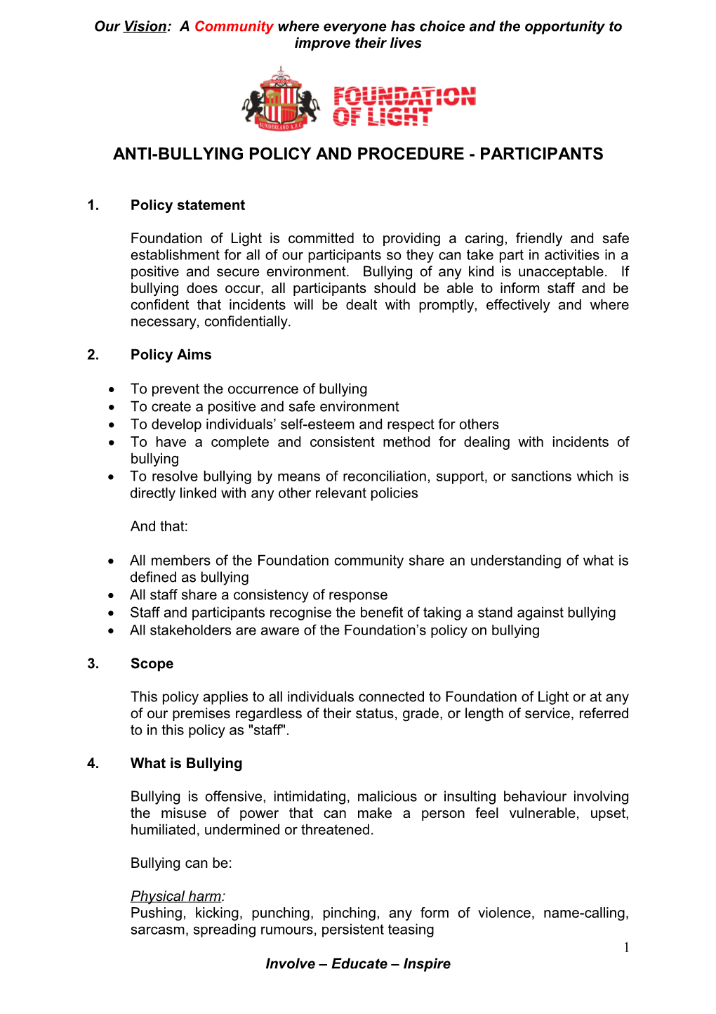 ANTI-BULLYING Policy and Procedure - PARTICIPANTS