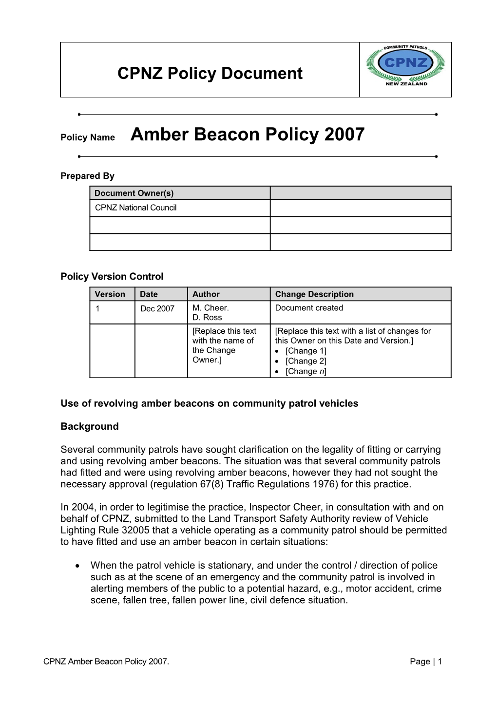 Policy Name Amber Beacon Policy 2007