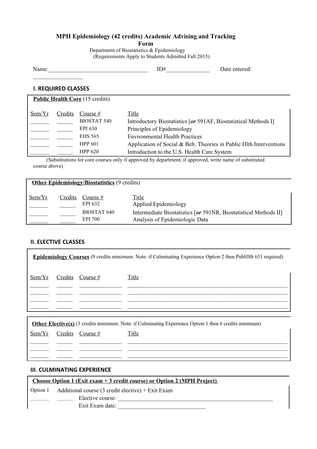 MPH Epidemiology Major (42 Credits) Academic Advising and Tracking Form