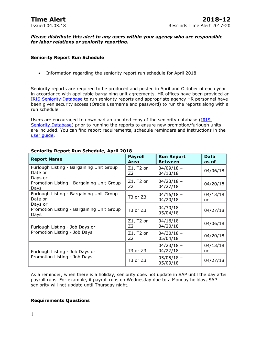 Seniority Report Run Schedule