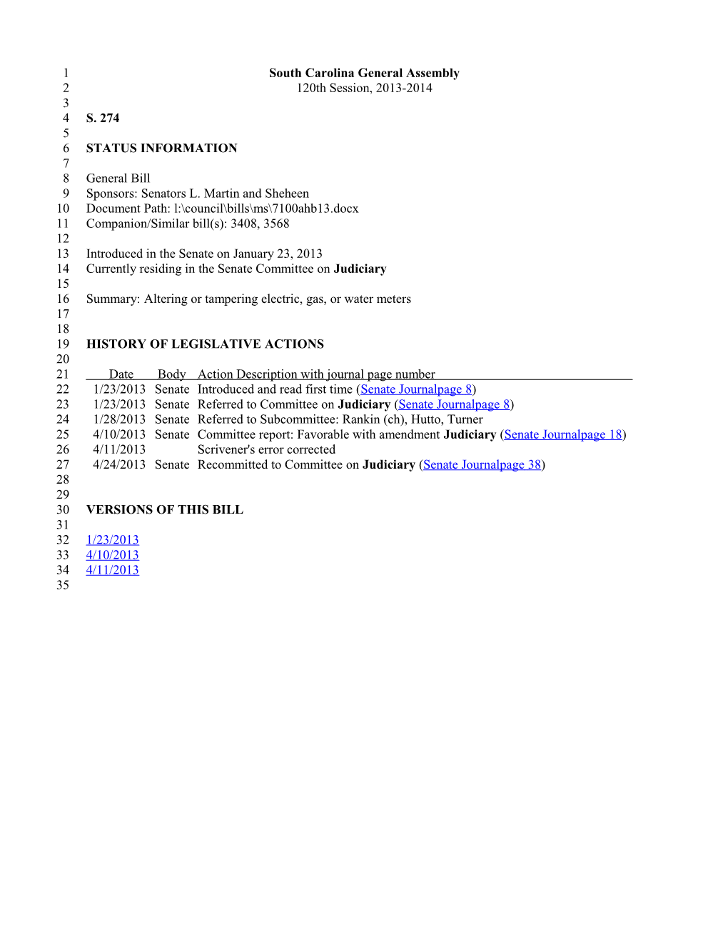 2013-2014 Bill 274: Altering Or Tampering Electric, Gas, Or Water Meters - South Carolina