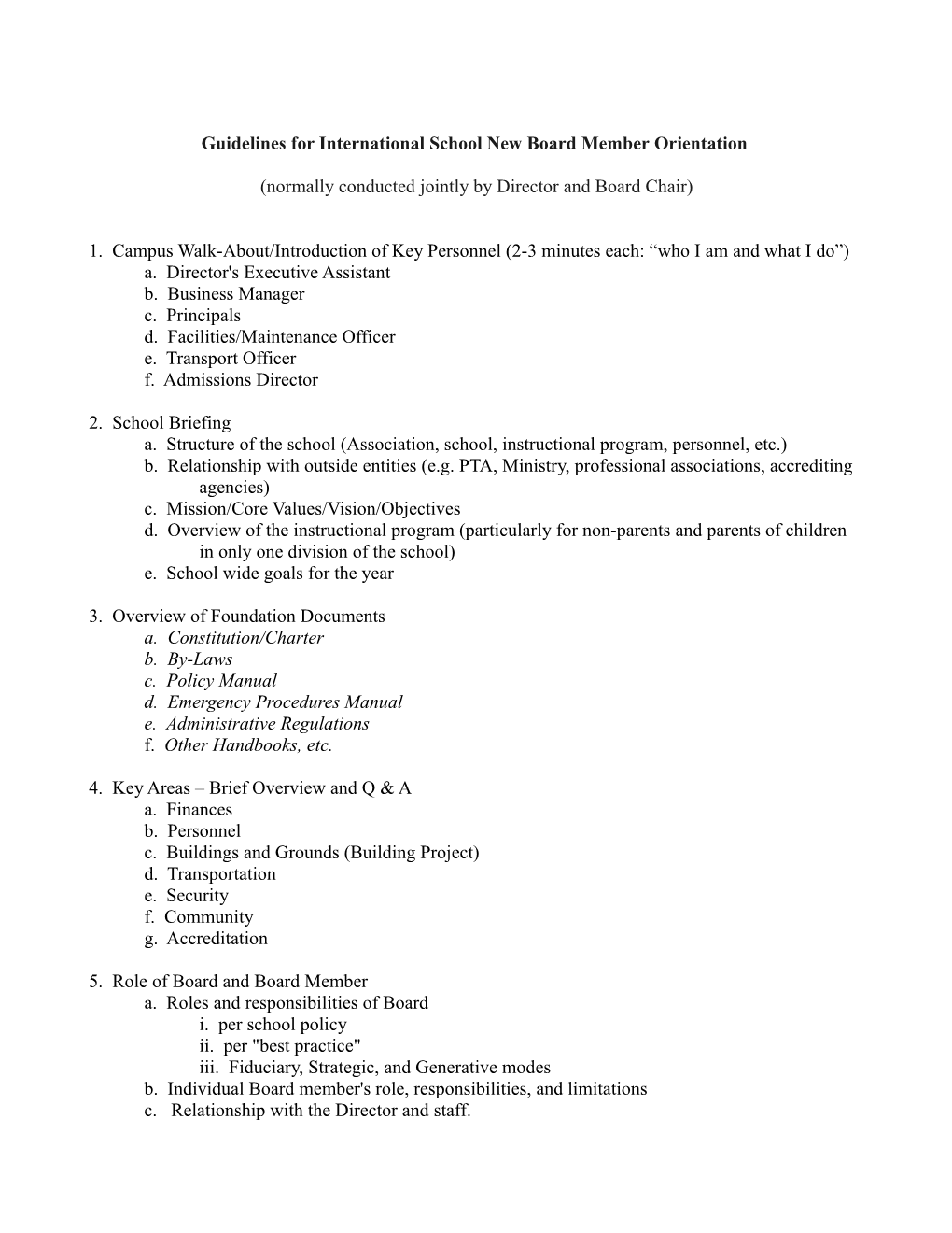 Guidelines for International School New Board Member Orientation