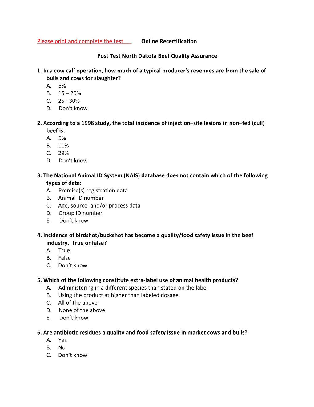 Post Test North Dakota Beef Quality Assurance