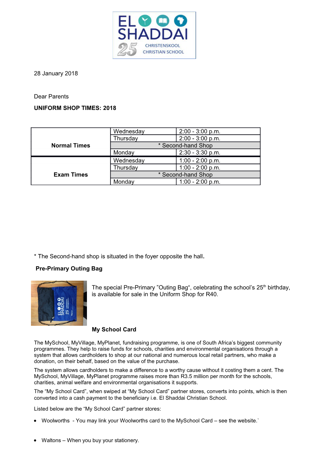 Uniform Shop Times: 2018