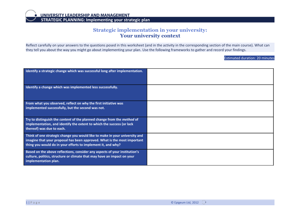 Strategic Implementation in Your University