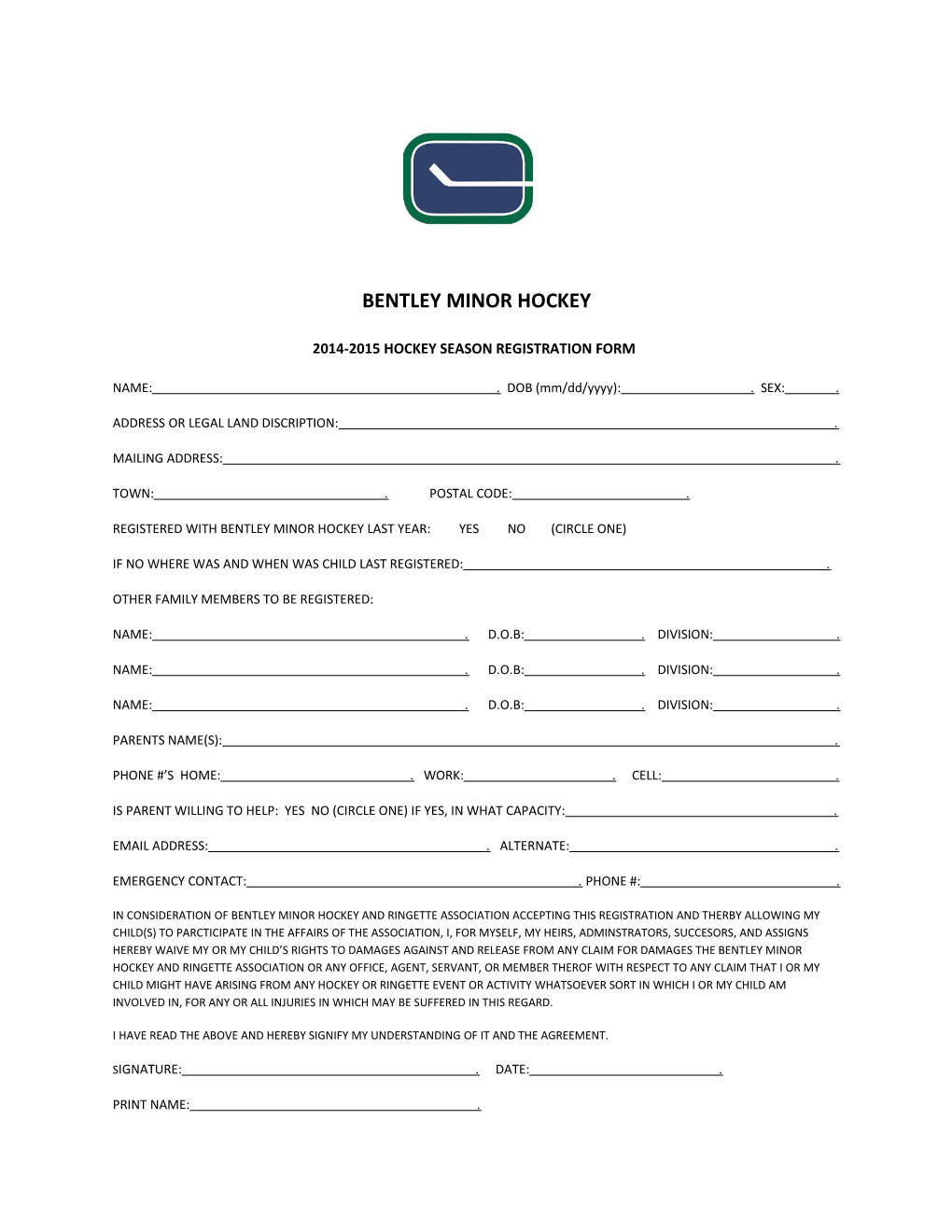 2014-2015 Hockey Season Registration Form