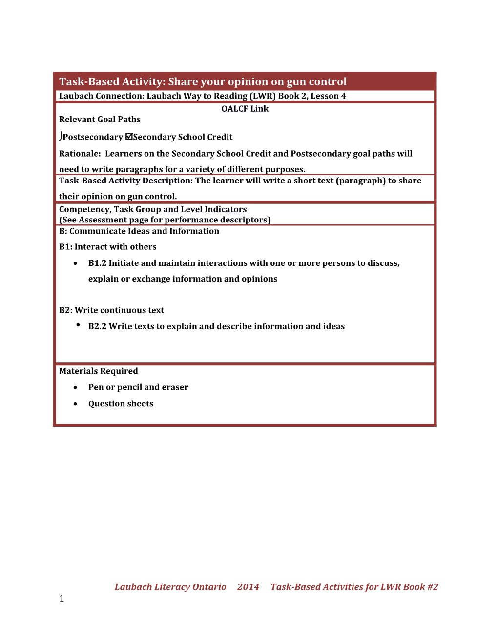 Laubach Literacy Ontario 2014 Task-Based Activities for LWR Book #2