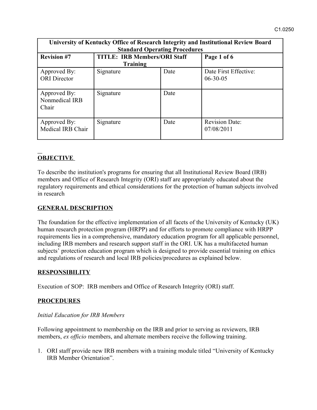 Training and Development of IRB Members /ORI Staff