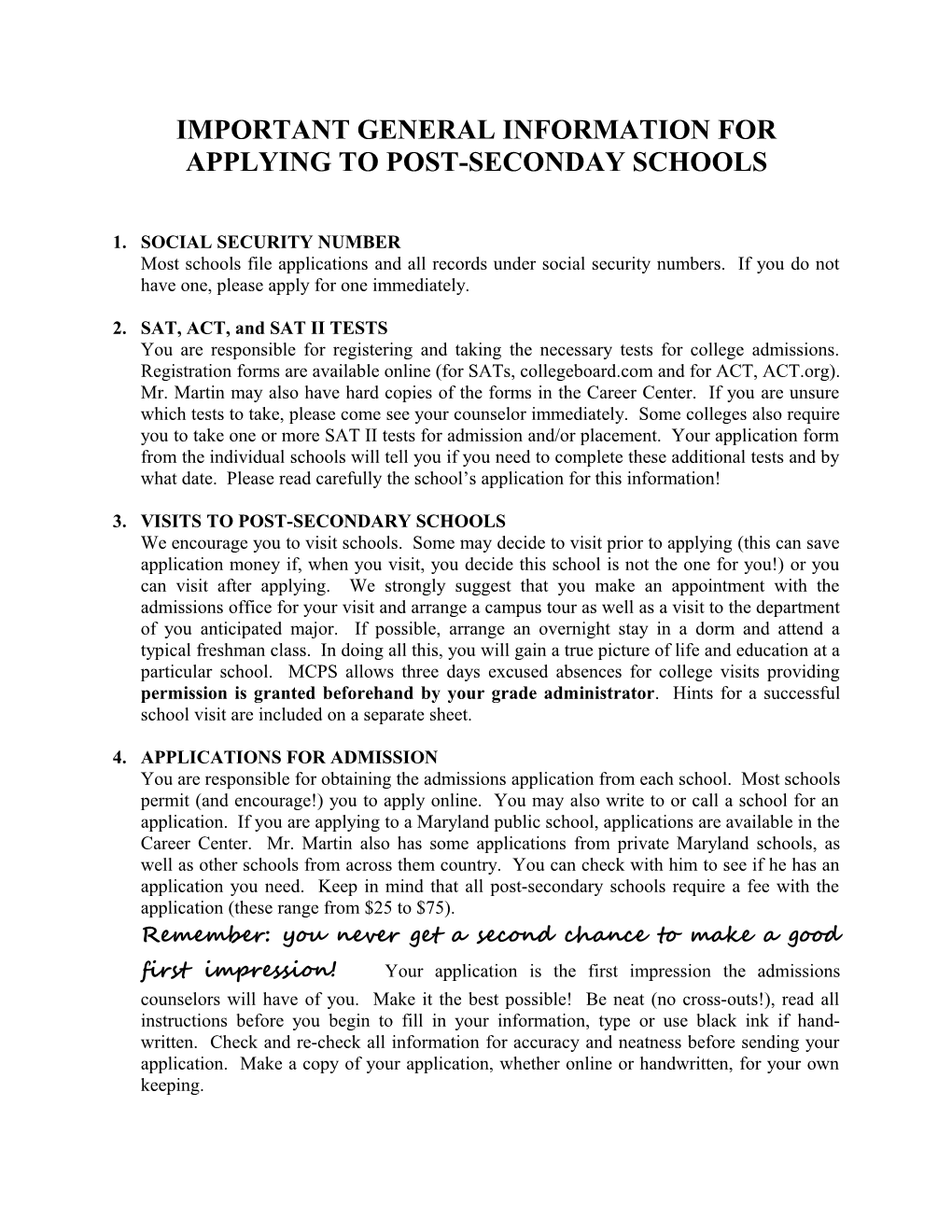 Important General Information for Applying to Post-Seconday Schools