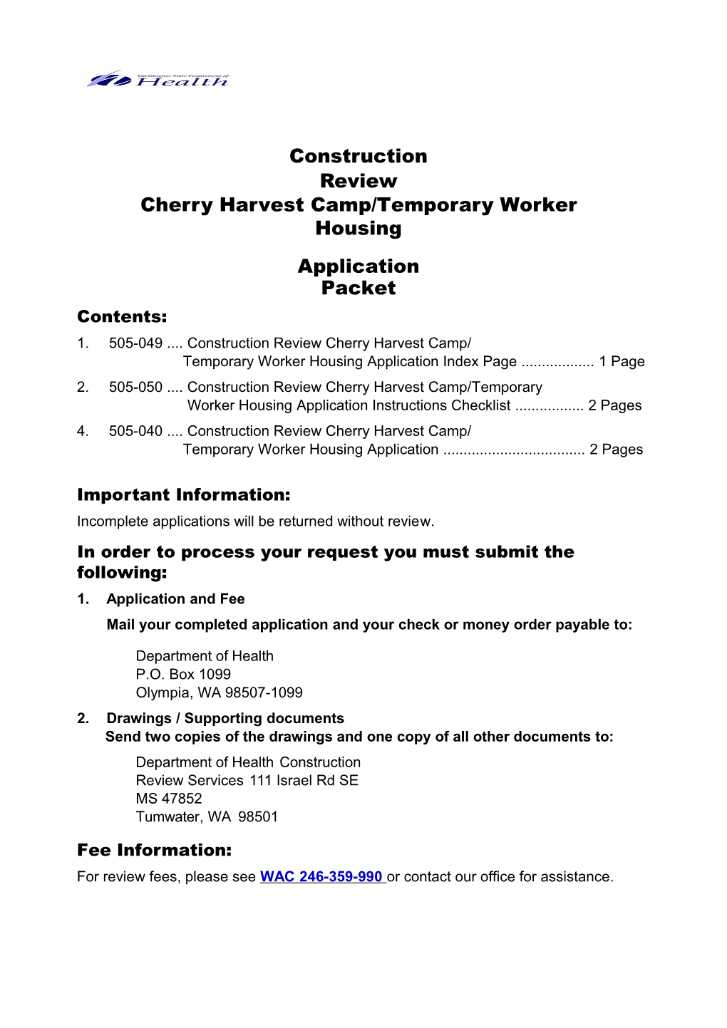 Construction Review Services- Temporary Worker Housing Application Packet