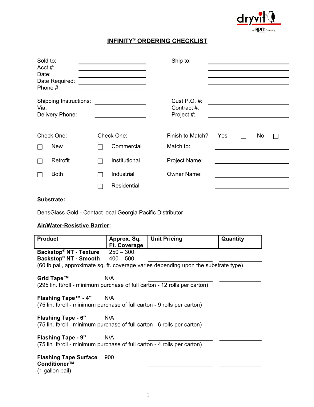 Infinity Ordering Checklist