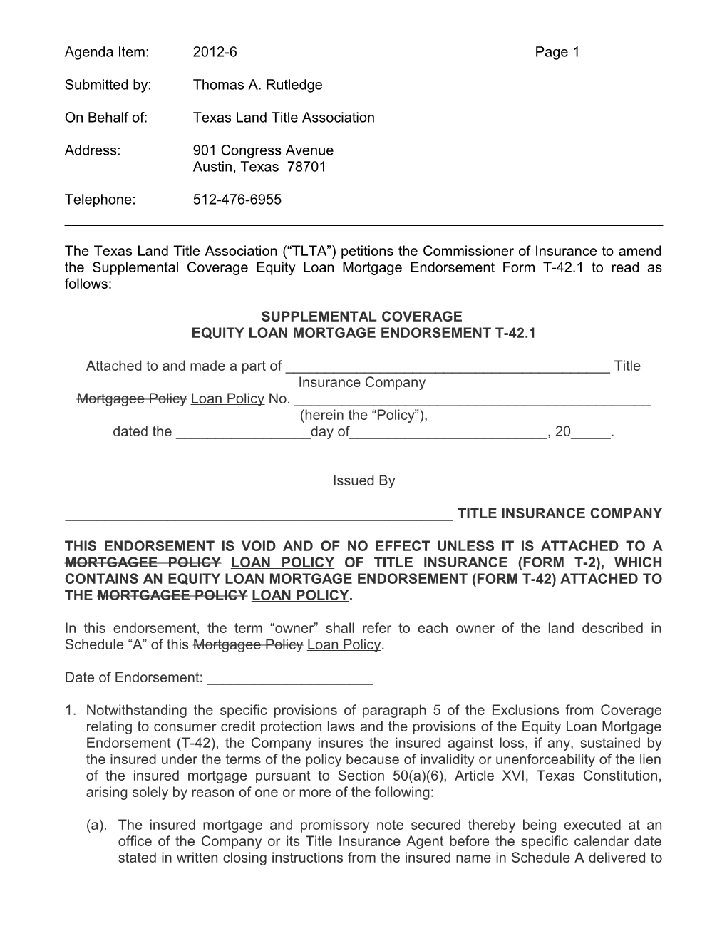 The Texas Land Title Association ( TLTA ) Petitions the Commissioner of Insurance to Amend s1