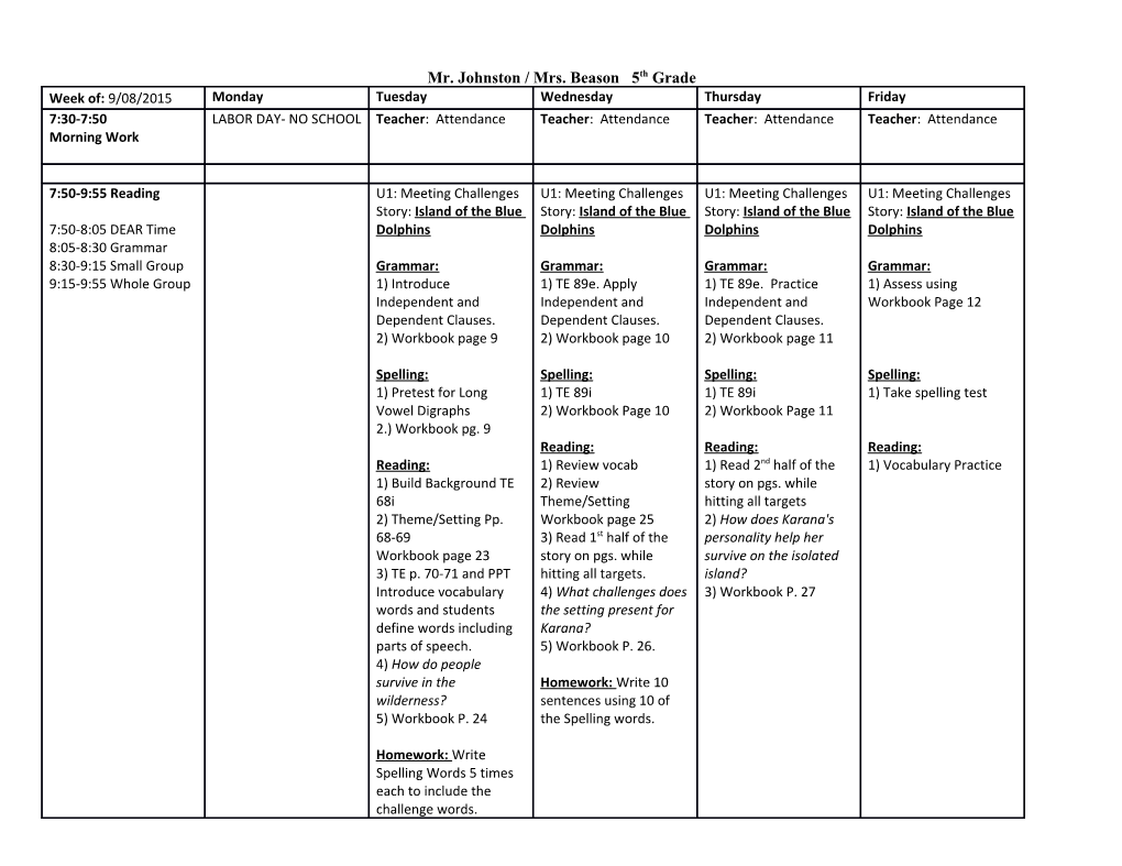 Mr. Johnston / Mrs. Beason 5Th Grade
