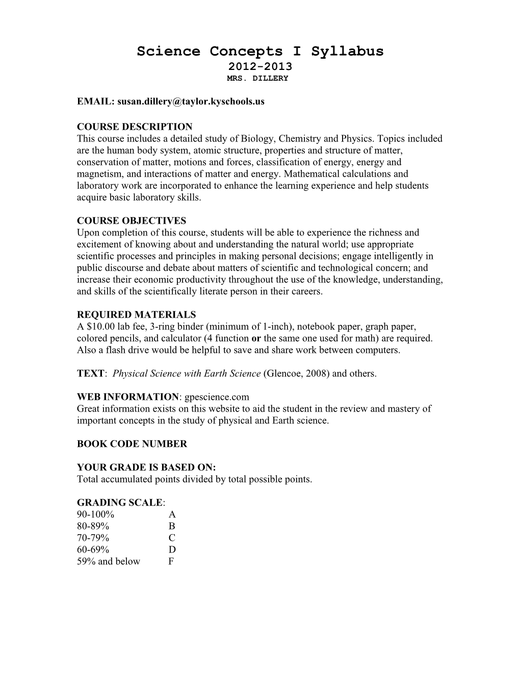 Science Concepts I Syllabus