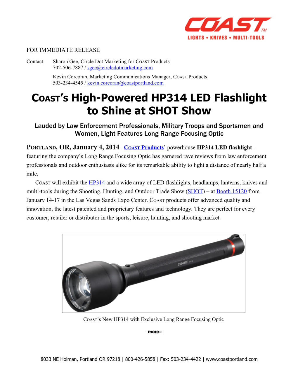 Coast S High-Powered HP314 LED Flashlight to Shine at SHOT Show