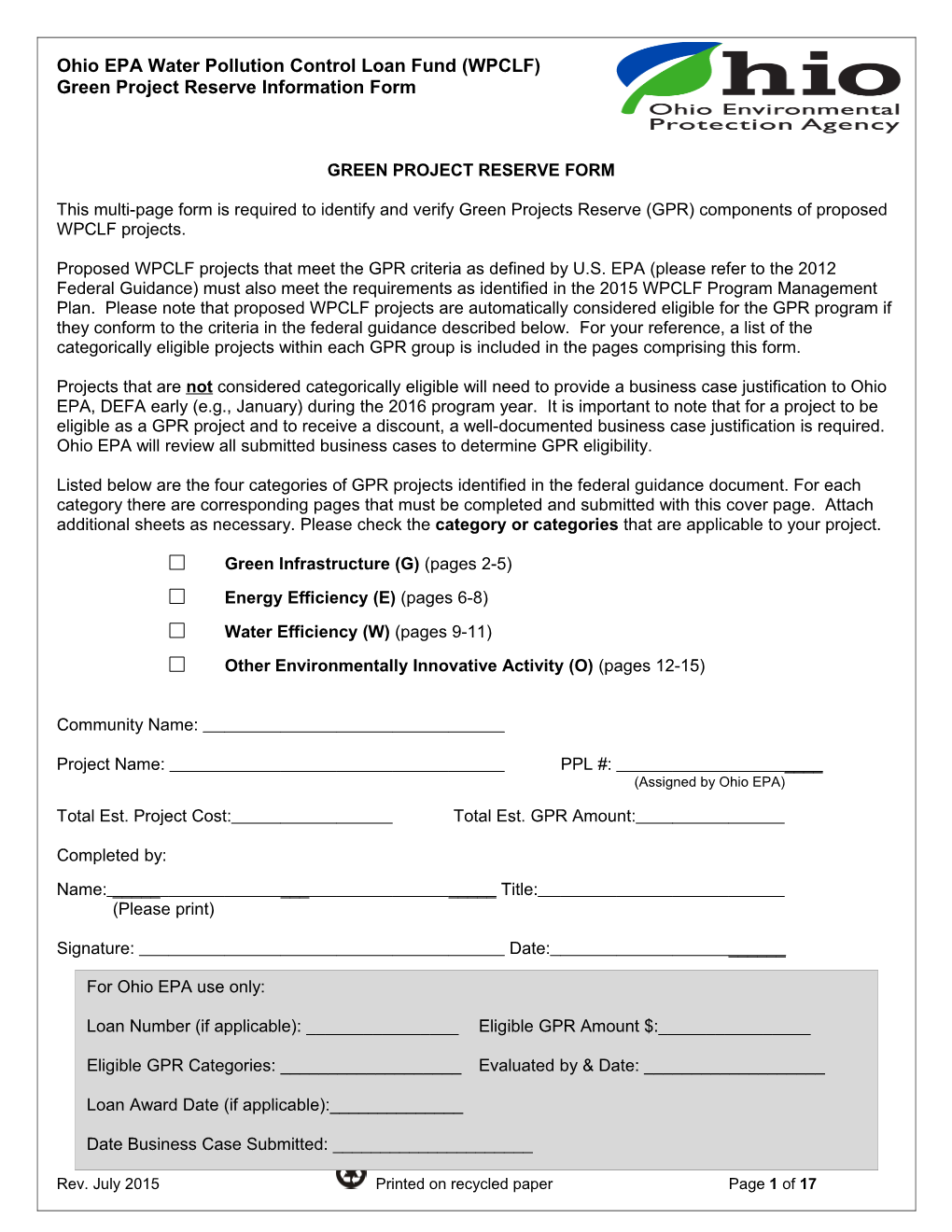 Green Project Reserve Information Form