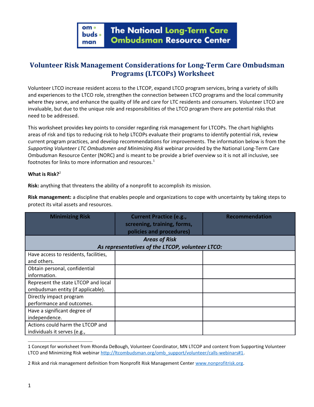 Volunteer Risk Management Considerations for Long-Term Care Ombudsman Programs (Ltcops)