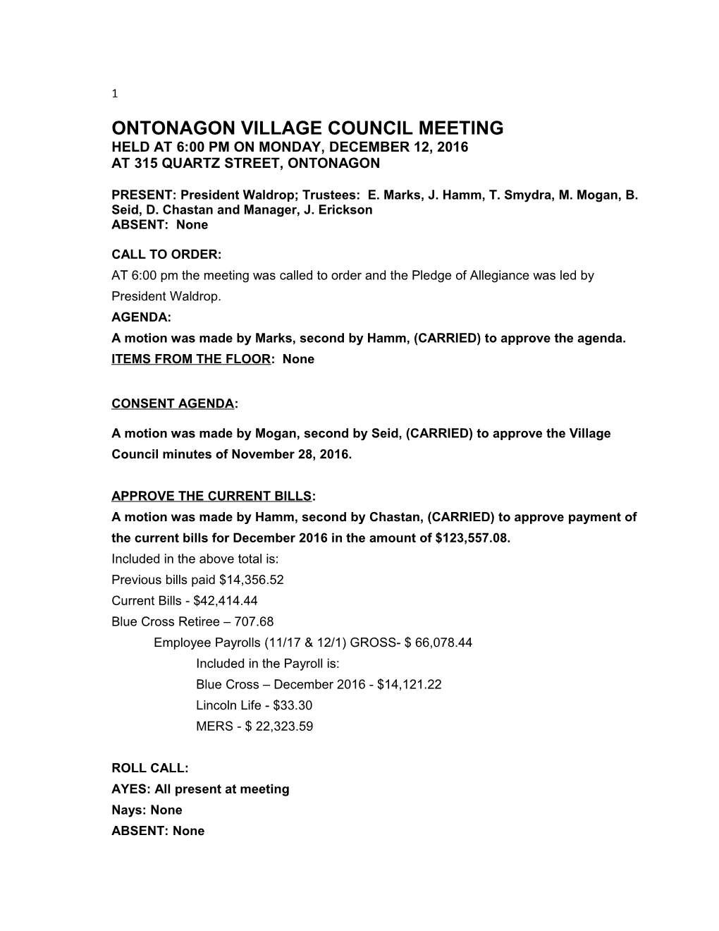 Ontonagon Village Council Meeting
