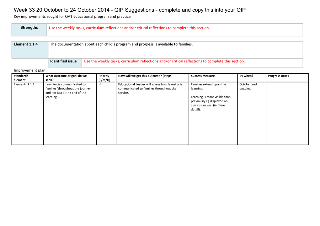 Key Improvements Sought for QA1 Educational Program and Practice