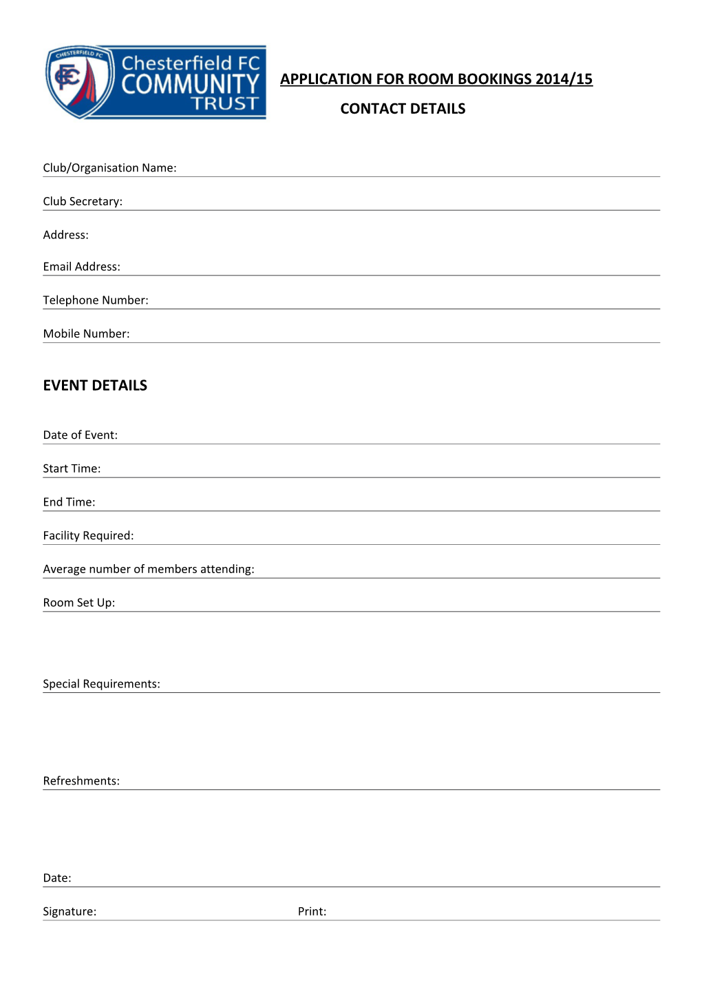 Application for Room Bookings 2014/15