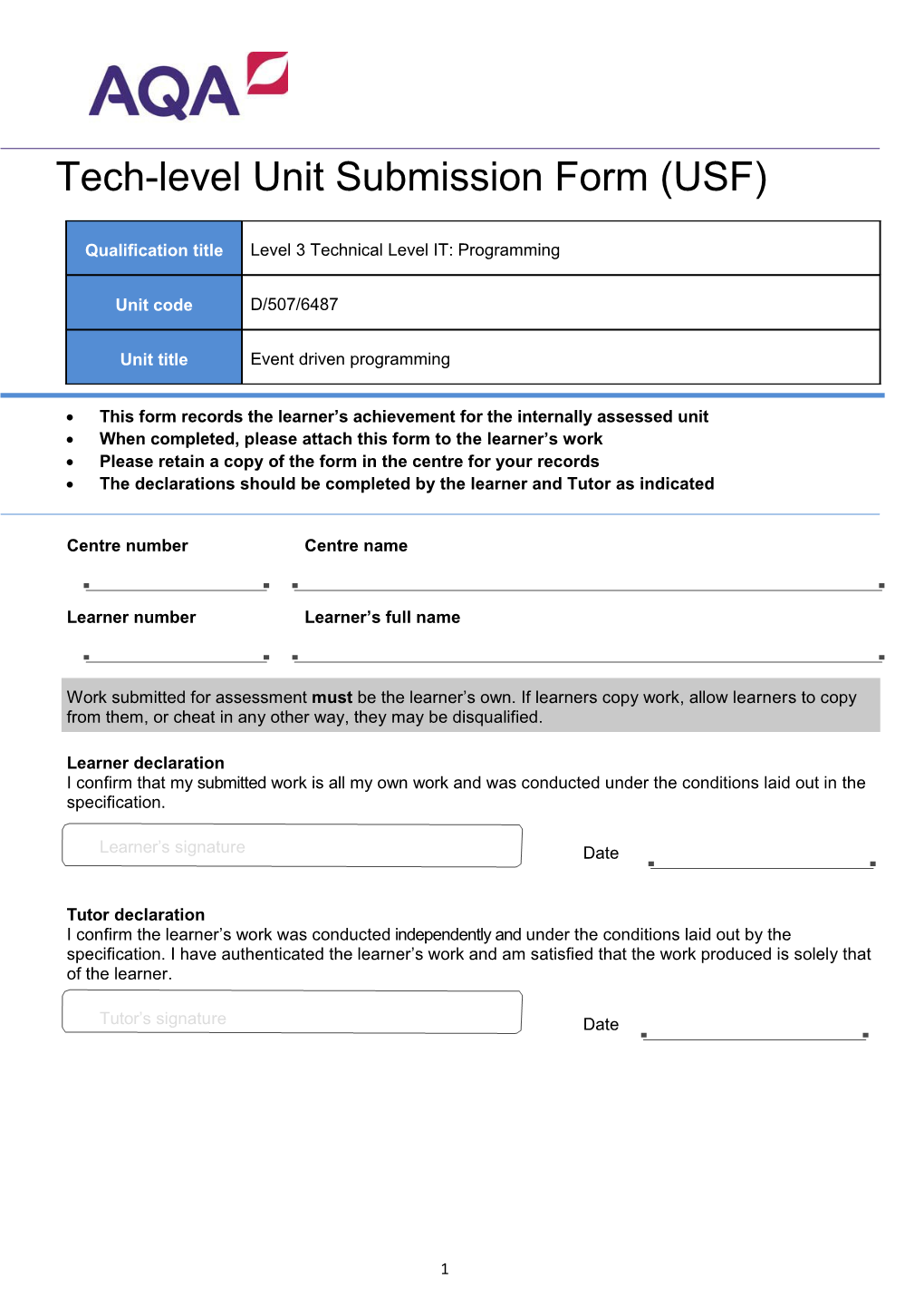 This Form Records the Learner S Achievement for the Internally Assessed Unit
