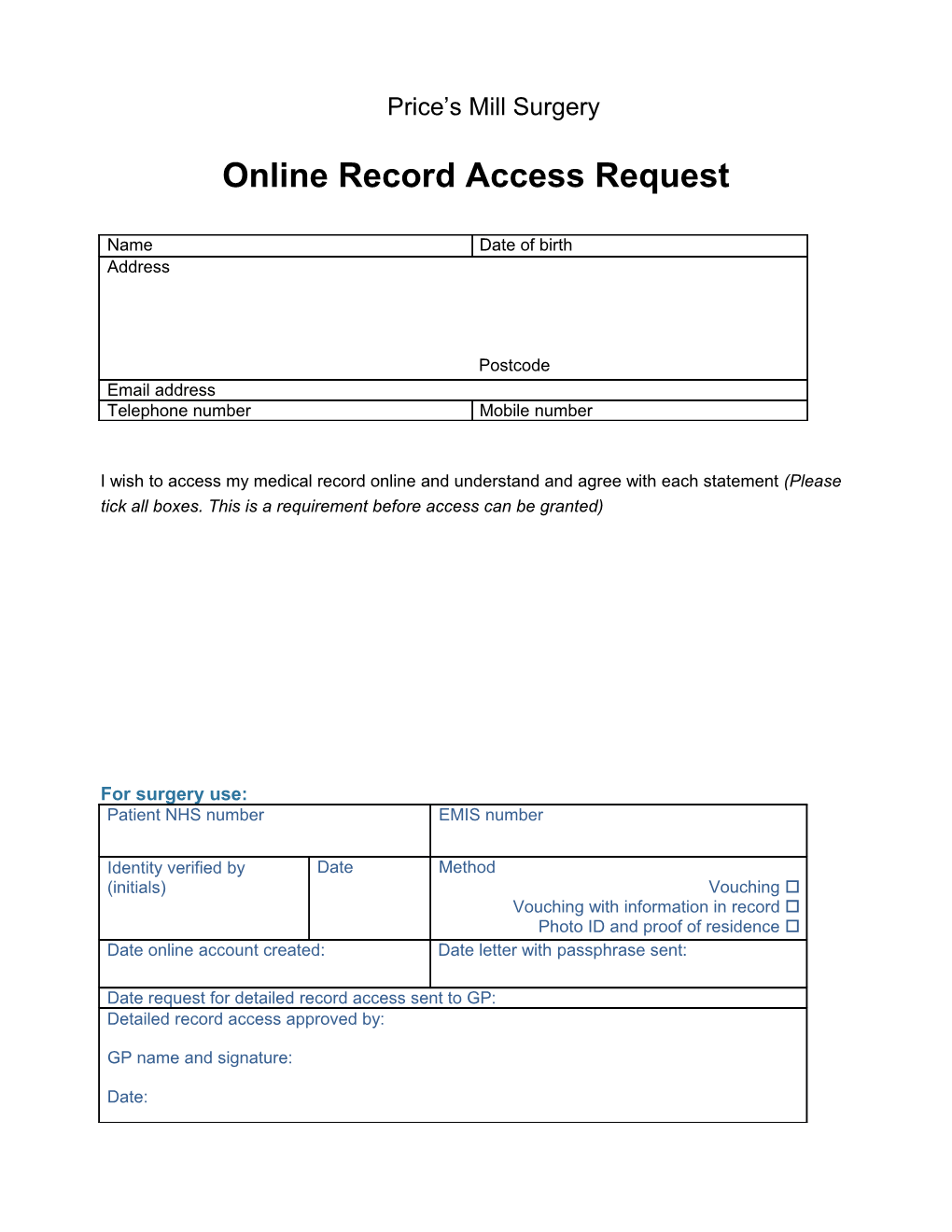 Online Record Access Request